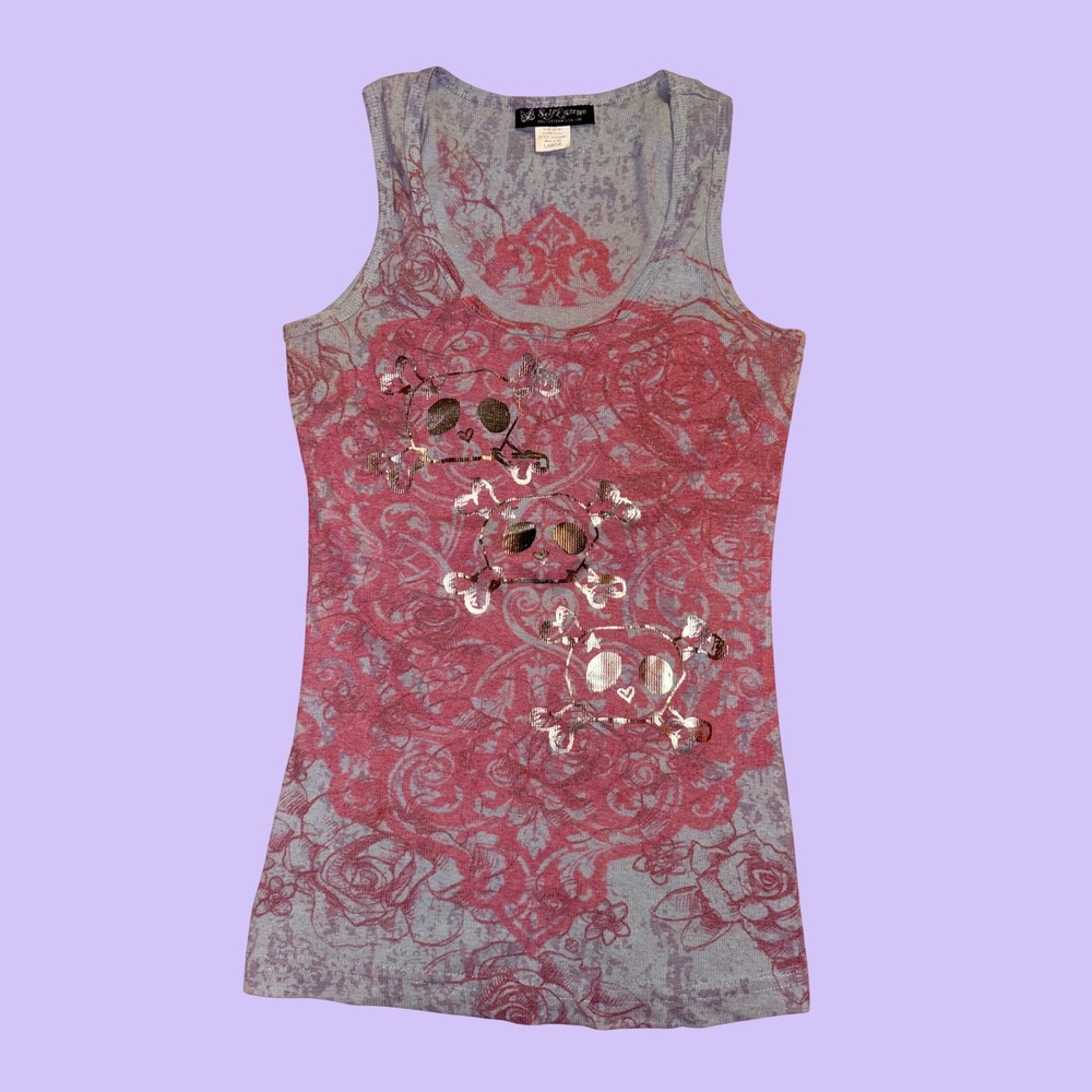 Y2K Self Esteem Vintage Tank Top Scene Foil Skulls Roses #17